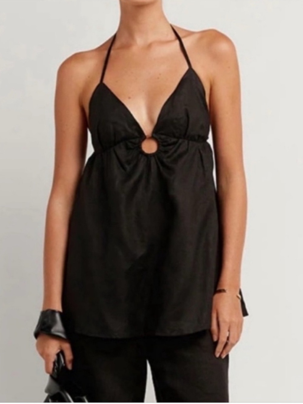 DISSH Black Linen Halter V-Neck Top